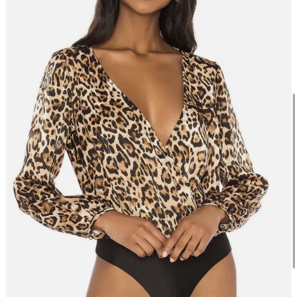 BB Dakota Leopard Print “Ride or Tie” satin Bodysuit Wrap Top